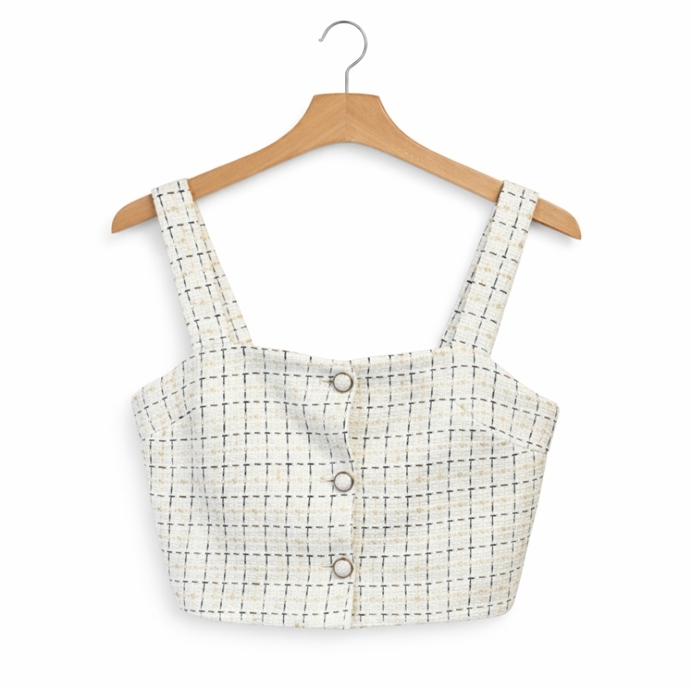 Calypso White Textured Tweed Woven Grid Chic Cropped Halter Top Sz Lg